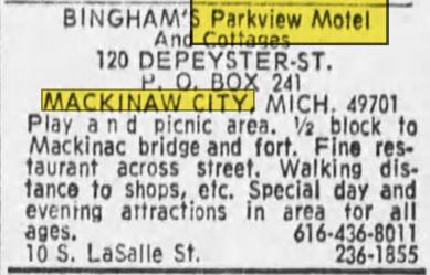 Binghams Parkview Motel - Jul 1973 - Chicago Tribune Ad
